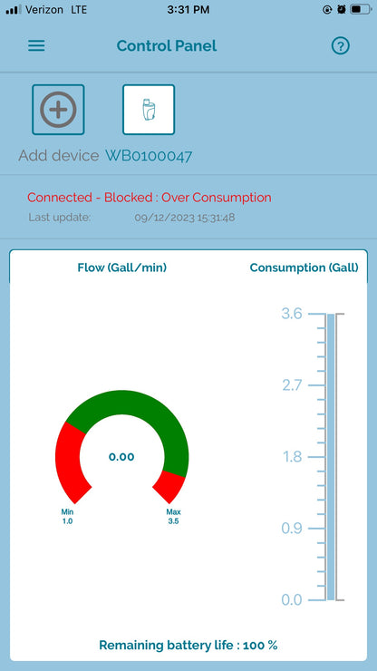 Eltek E-WaterBlock control panel displaying consumption exceeding normal operating limits. Notification reads: "Blocked – Over Consumption."