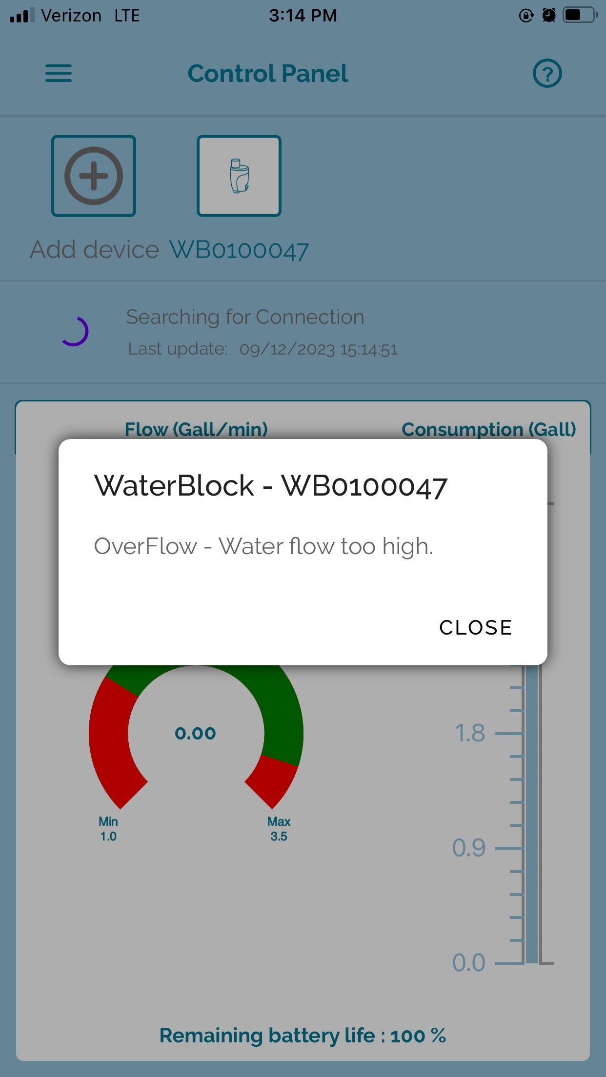 Eltek E-WaterBlock control panel displaying excessive water flow beyond operating limits. Device activation occurred, triggering an alert: "Overflow – Water flow too high," indicating a major leak was stopped