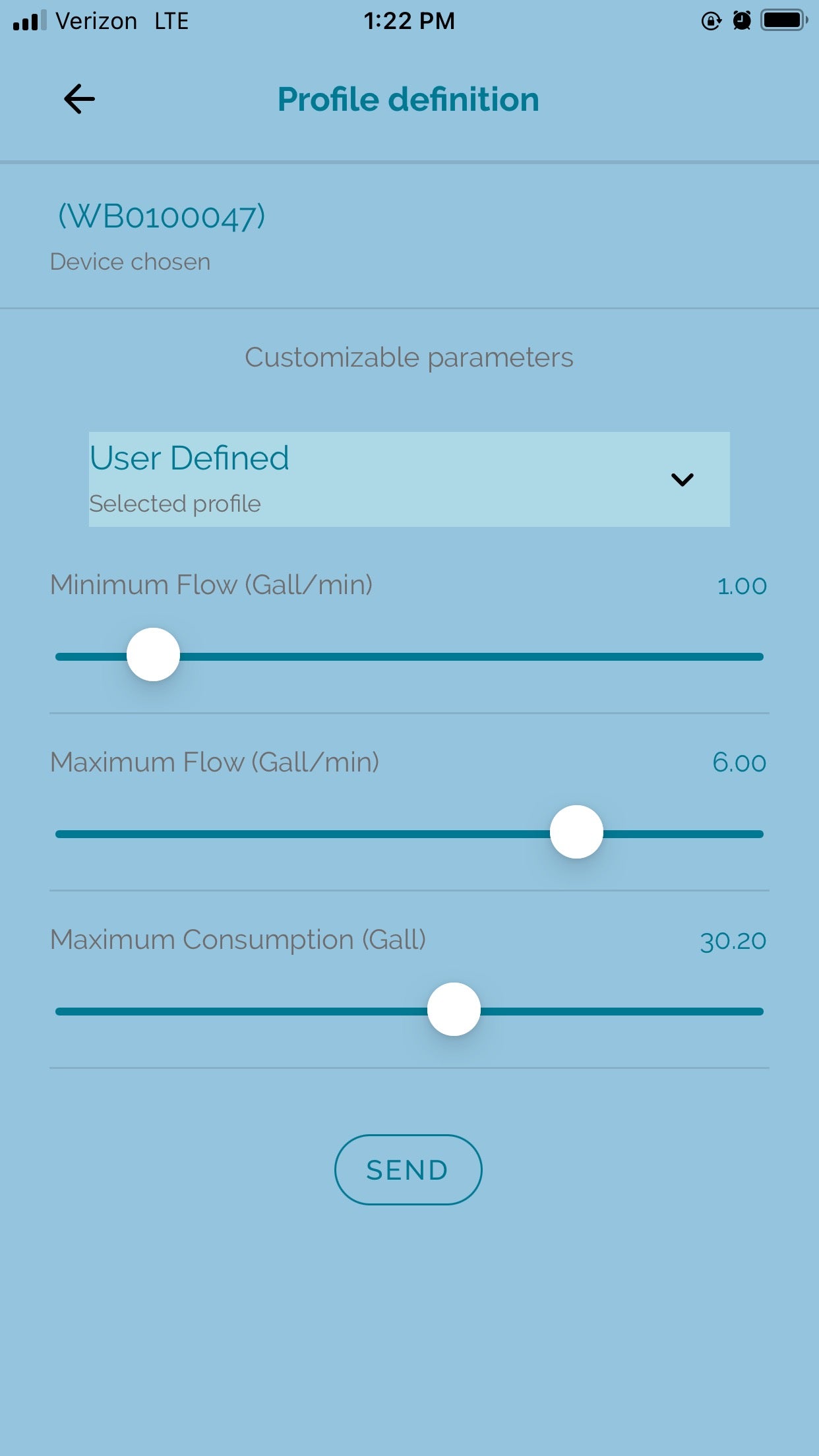 Eltek E-WaterBlock mobile app settings page, allowing users to define operating parameters with easy-to-adjust sliders.