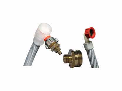 Flood Prevention Dishwasher Hose connections featuring a 3/4" MGHT x 3/8" straight pipe brass adapter on the inlet and a standard 3/4" FGHT outlet connection. Includes a 3/8" MIP x 3/4" MGHT brass adapter for specialized installations where the dishwasher has a 3/8" MIP inlet valve.