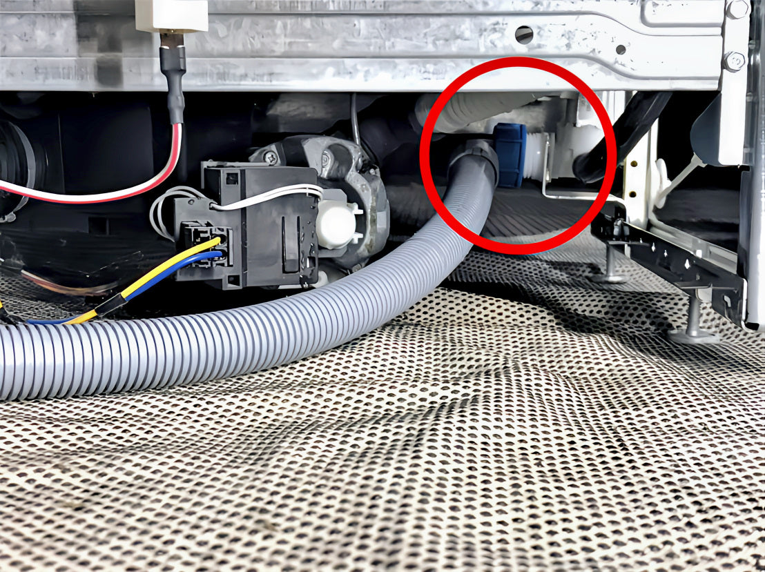Side-angle close-up of the Flood Prevention Hose connected to a dishwasher’s inlet water valve via a 3/4" GHT connection. Features a dual-hose construction with an automatic water shutoff valve on the upstream connection head for enhanced flood protection. Protects kitchen from water damage from major line ruptures.