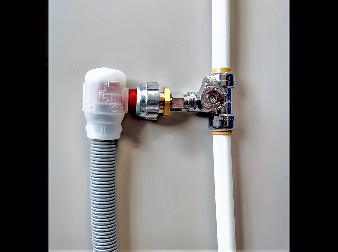 Dishwasher Flood Prevention Hose head connected to a water supply tee stop valve on a PEX piping system. Secures with a 3/4" x 3/8" straight pipe adapter fitting for reliable installation. Compatible with all dishwasher models.