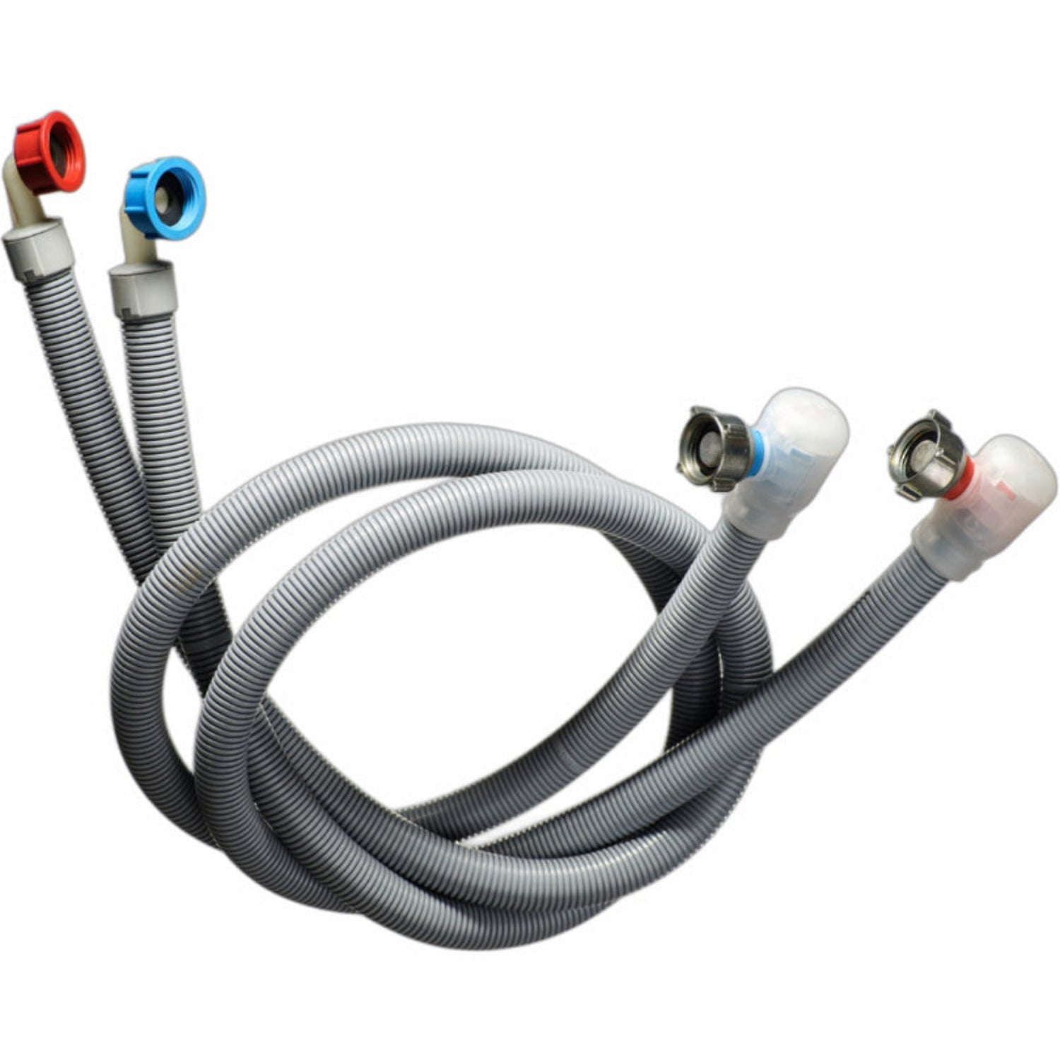 Flood Prevention Hose for washing machines with leak-proof, dual-hose construction for added strength. Features automatic water shutoff valve at the hose head for advanced flood prevention.