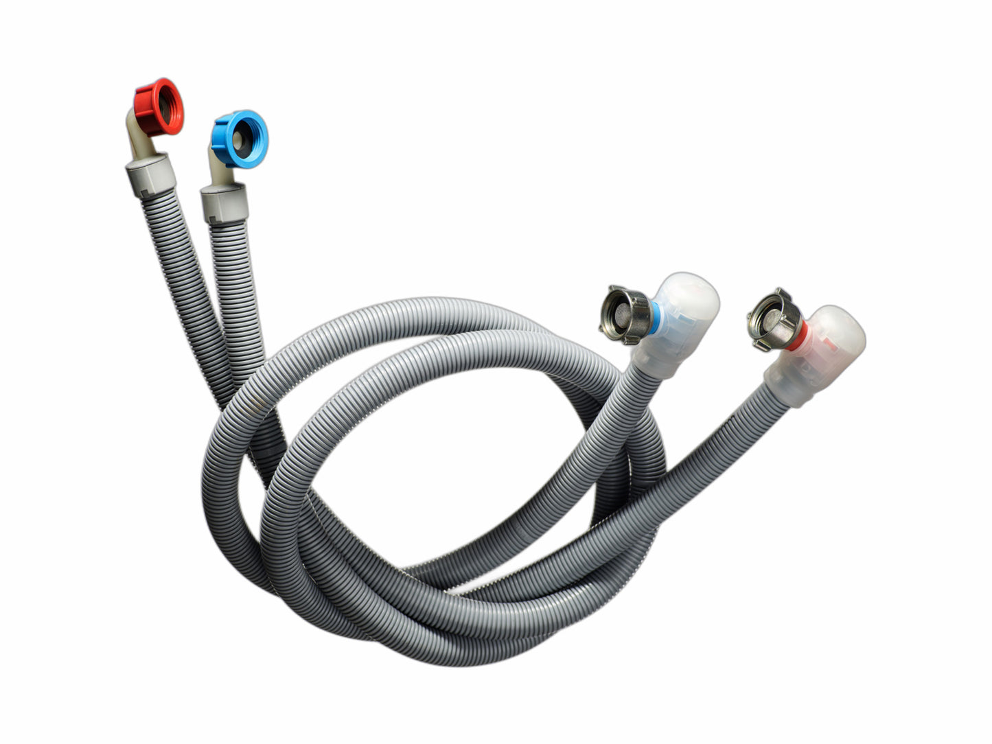 Flood Prevention Hose for washing machines with leak-proof, dual-hose construction for added strength. Features automatic water shutoff valve at the hose head for advanced flood prevention.