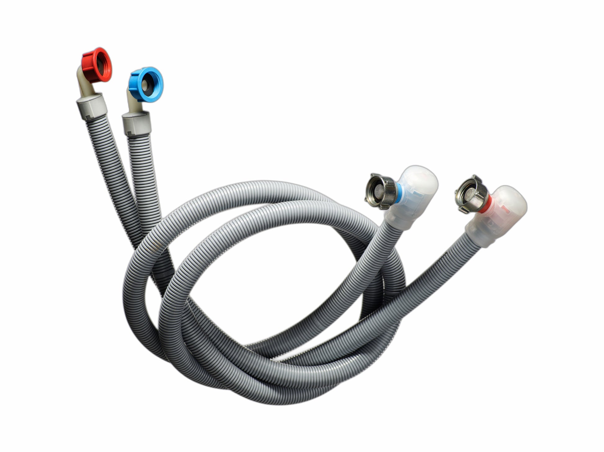 Flood Prevention Hose for washing machines with leak-proof, dual-hose construction for added strength. Features automatic water shutoff valve at the hose head for advanced flood prevention.