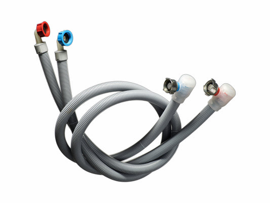 Flood Prevention Hose for washing machines with leak-proof, dual-hose construction for added strength. Features automatic water shutoff valve at the hose head for advanced flood prevention.
