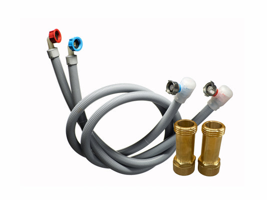 Washing Machine Flood Prevention Hose Kit for Valve Box w/ Recessed Valves. Integrated Automatic Water Shutoff Valve & Qty. 2 - 2.6" Brass Swivel Extenders