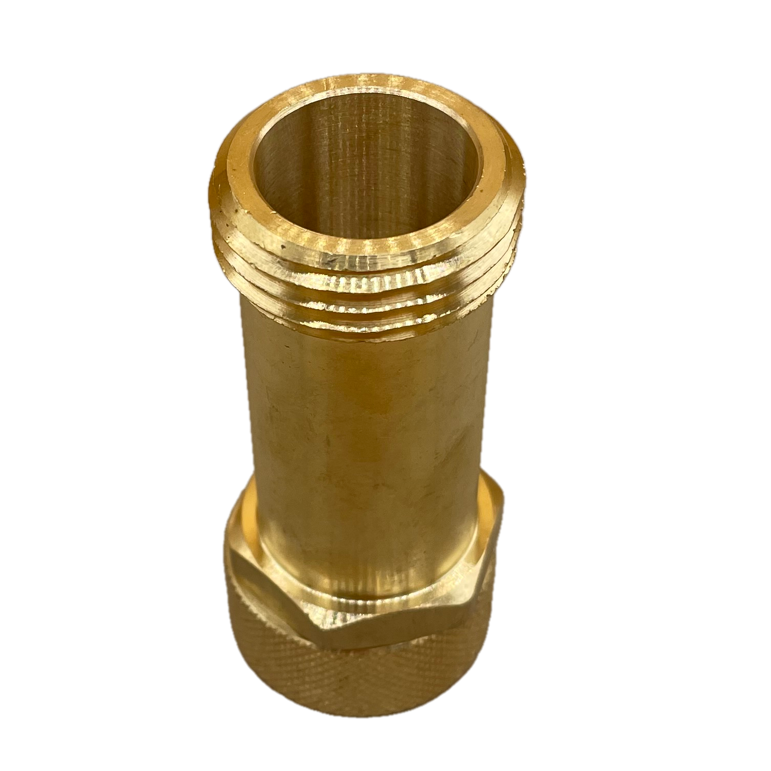 2.63" Long brass extension fitting with 3/4" female swivel inlet and 3/4" male outlet connection. Long lead-free brass adapter fitting. For washing machines, hose bibbs, steam dryers, and more.