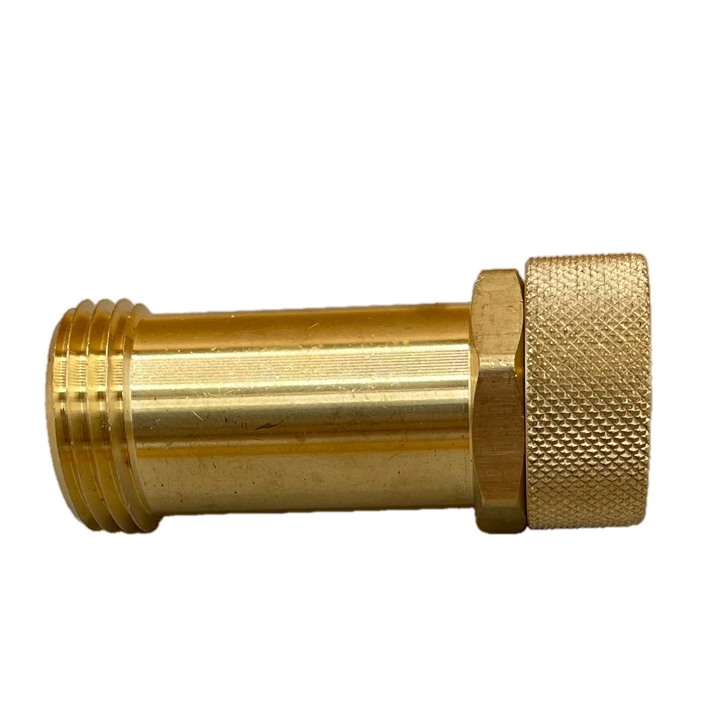 2.63" Long lead-free brass extension fitting with 3/4" inlet and outlet connections. One swivel connection. Plumbing extension piece. Side view.