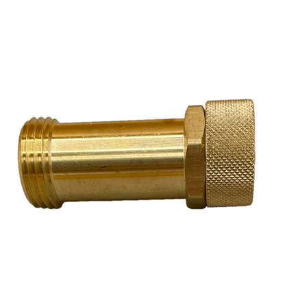 2.63" Long lead-free brass extension fitting with 3/4" inlet and outlet connections. One swivel connection. Plumbing extension piece. Side view.
