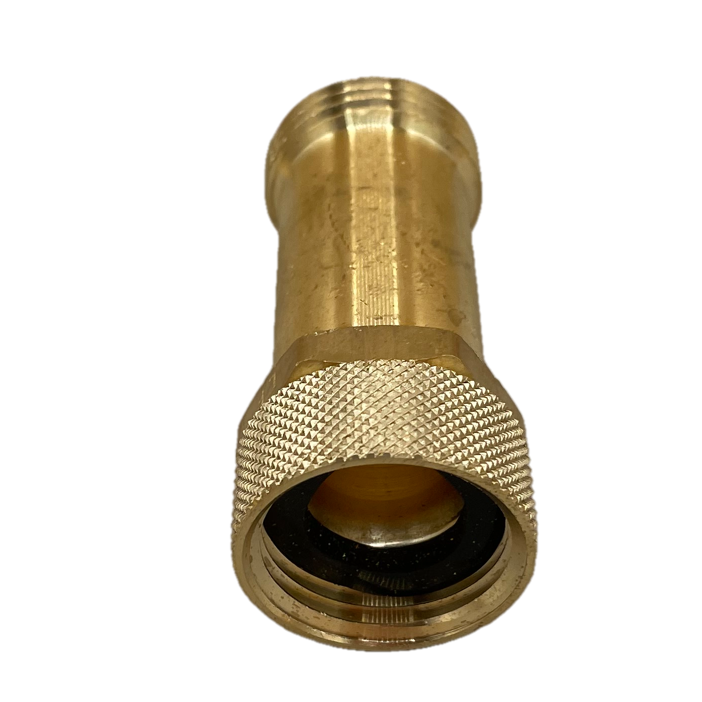 2.63" Long brass extension fitting with 3/4" female swivel inlet and 3/4" male outlet connection. Long lead-free brass adapter fitting. Top view. Specialty plumbing part.