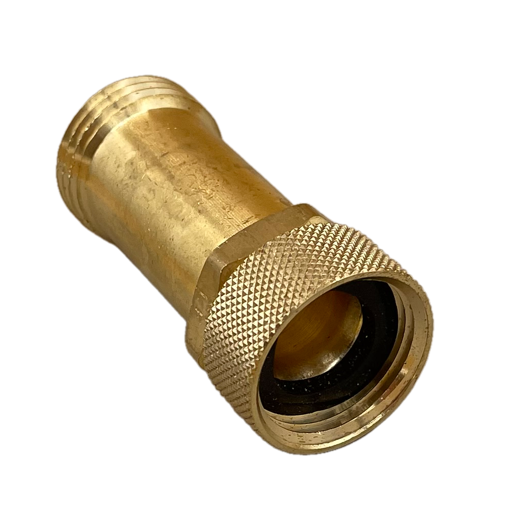 2.63" Long brass extension fitting with 3/4" inlet and outlet connections. Rubber washer and swivel connection. Side angle view.