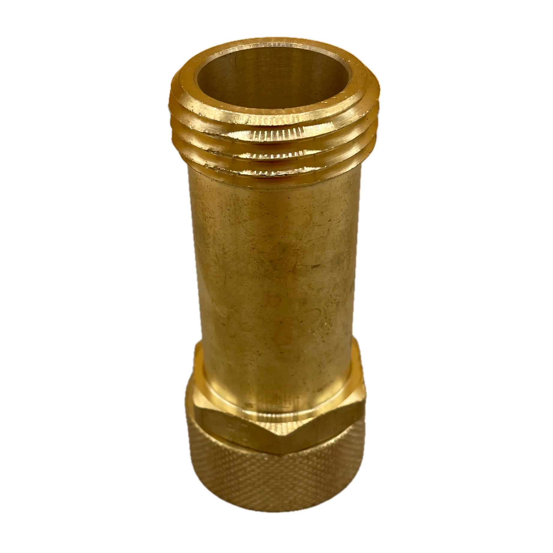 2.63" Long brass extension fitting with 3/4" inlet and outlet connection. Vertical view.
