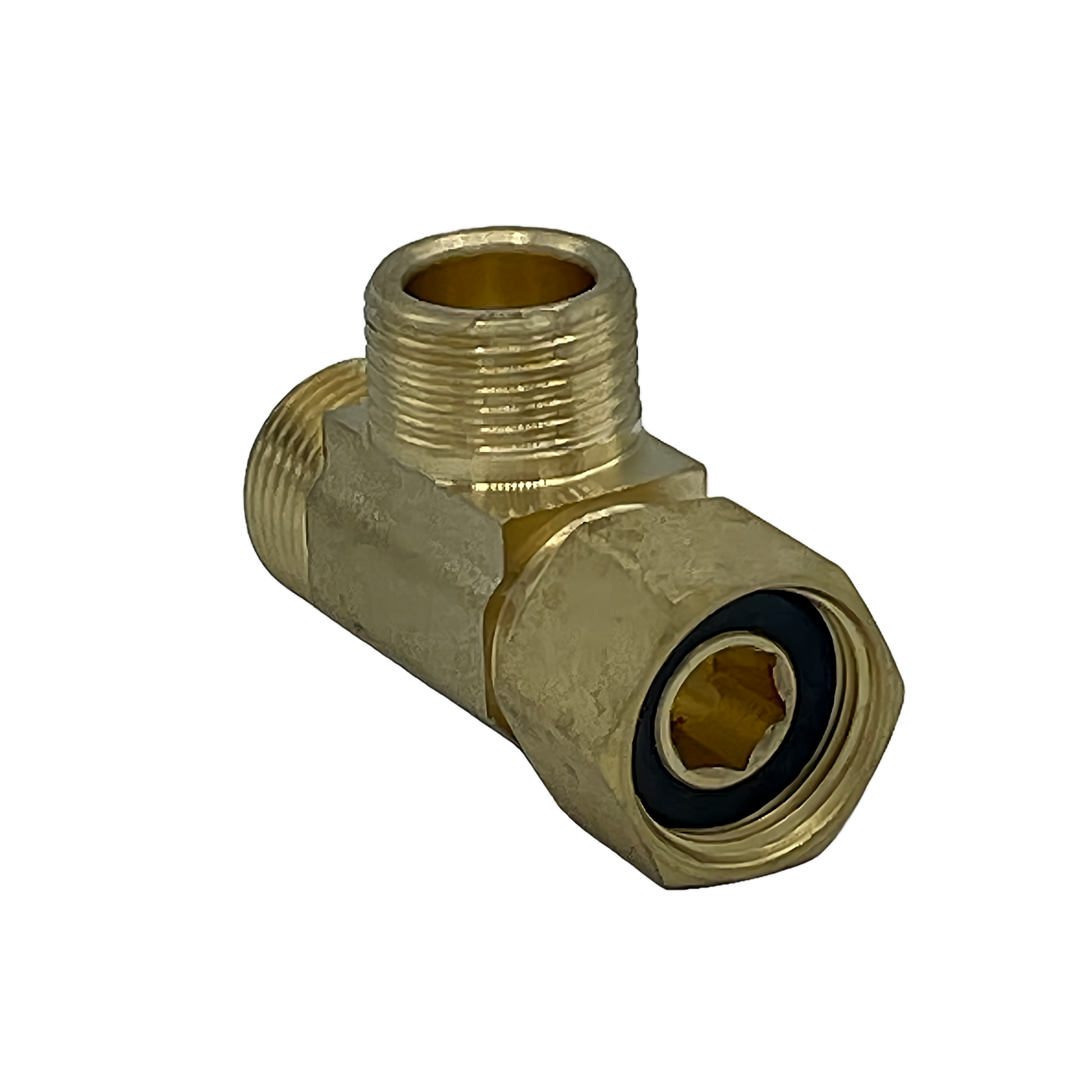 Pluming part. Brass 3/8" male compression thread x 3/8" male compression thread x 3/8" female compression tee
