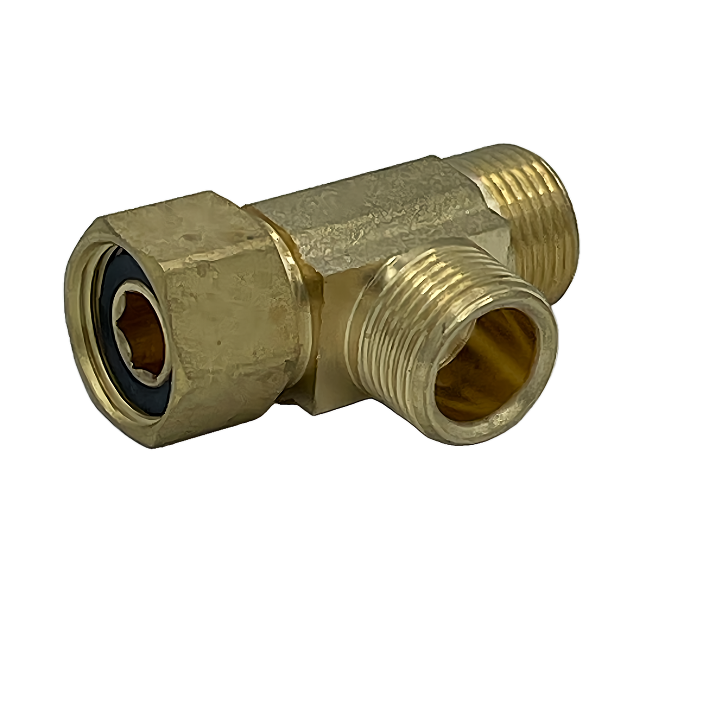 Brass splitter tee plumbing part. 3/8" male compression thread x 3/8" male compression thread x 3/8" female compression tee.