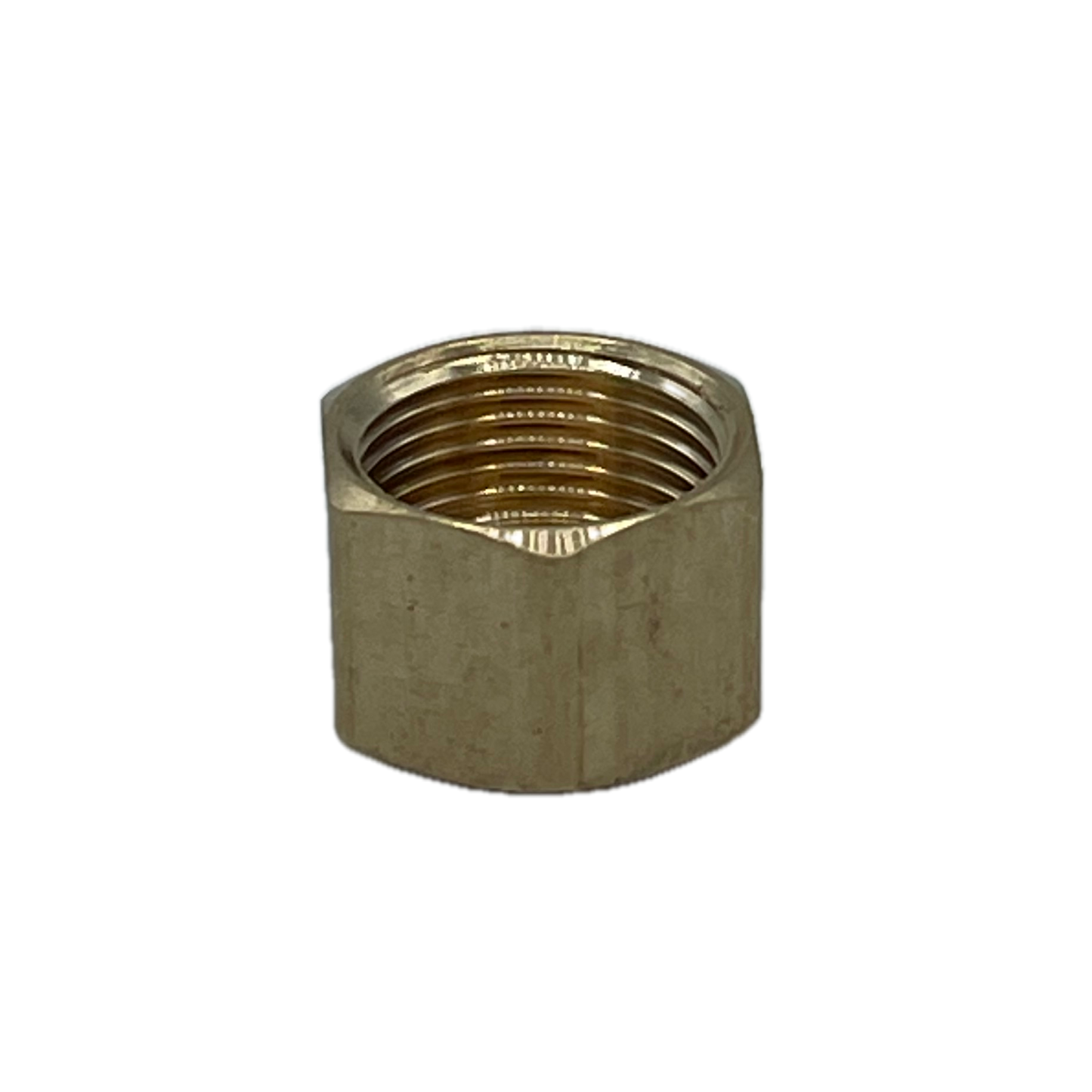 Brass hexagonal nut on a white background.