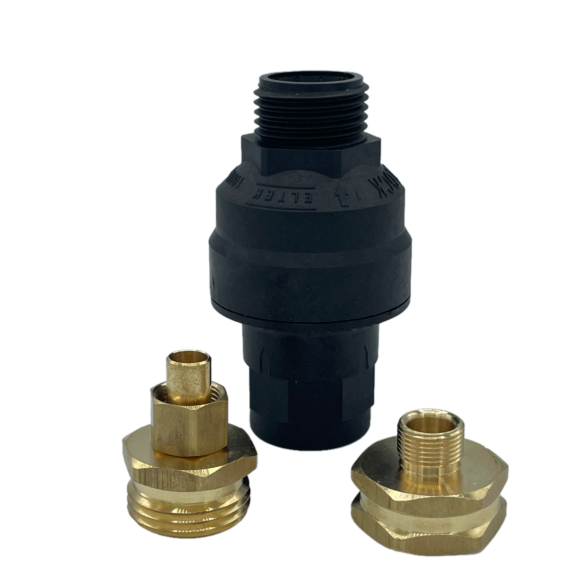 Black water block shutoff valve and brass water line connection fittings for toilets.