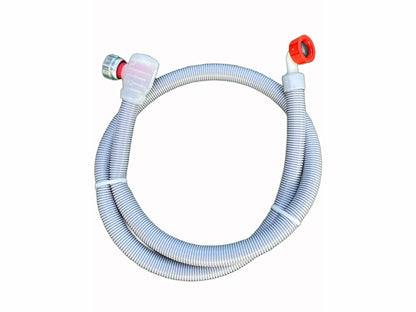 Red dishwasher Flood Prevention Hose wrapped up to show full length and look. 3/4" garden hose thread connections on inlet and outlet. 