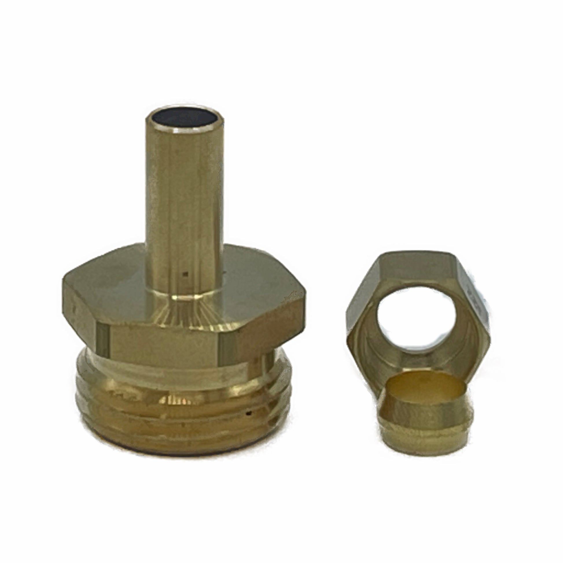 3/8" Stem pipe fitting, 3/8" brass compression ferrule, and 3/8" brass compression nut. Connects into a 3/8" water supply shutoff valve. 