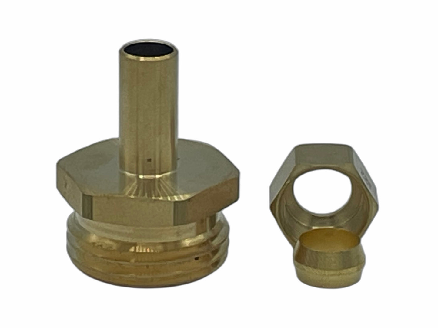 3/8" Stem pipe fitting, 3/8" brass compression ferrule, and 3/8" brass compression nut. Connects into a 3/8" water supply shutoff valve. 
