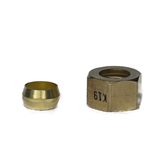 A 3/8" brass compression nut and 3/8" brass ferrule for a water line connection.