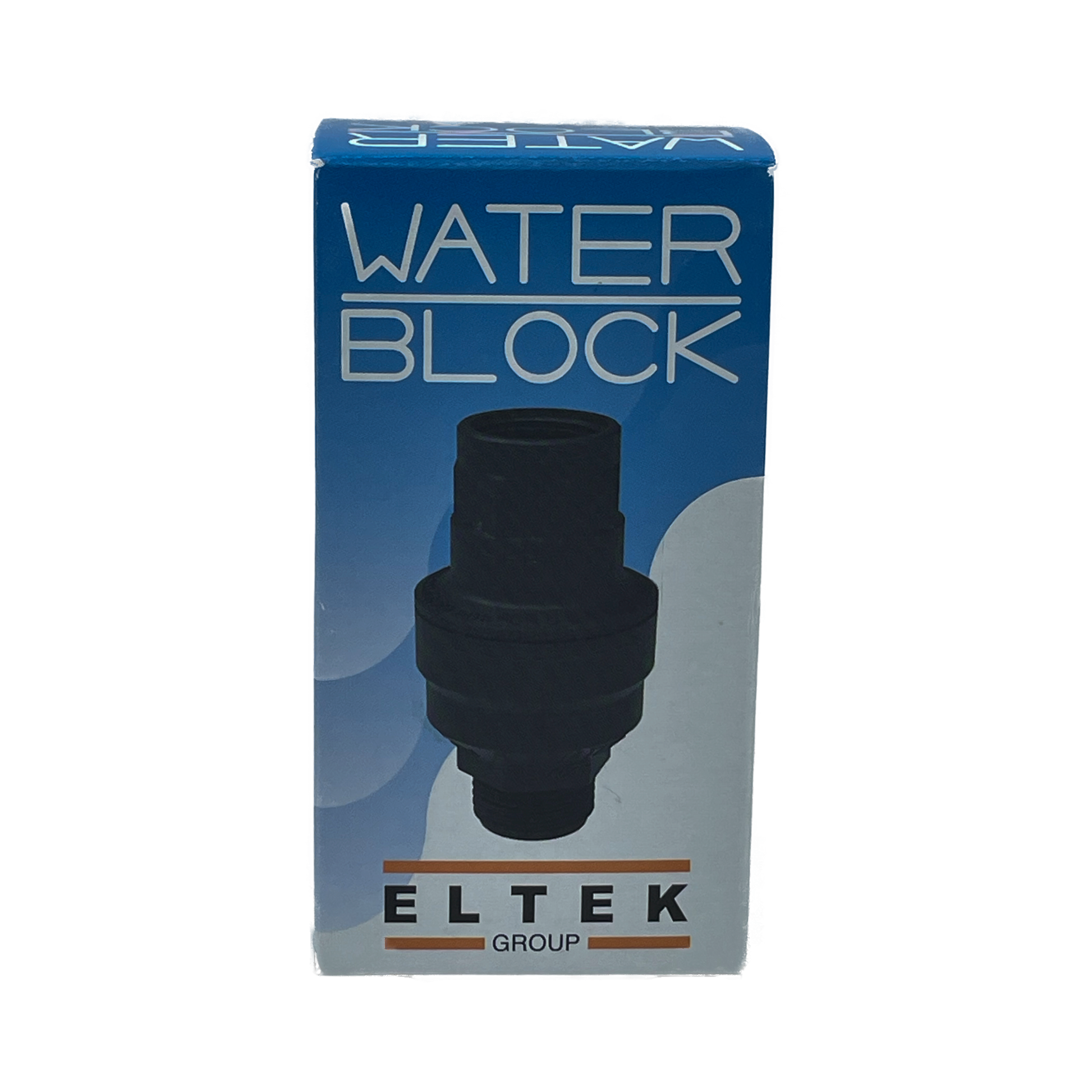 The box which contains the Water Block which is made by ELTEK Group in Poland. Designed for water based applications and equipment in the United States, Canada, Mexico, and North America in general. Inside the box are instructions as to how to install and operate the Water Block. Also included is a white pick which is used to adjust the settings dial on the outlet side of the device. Product meant for end consumers and manufacturers.