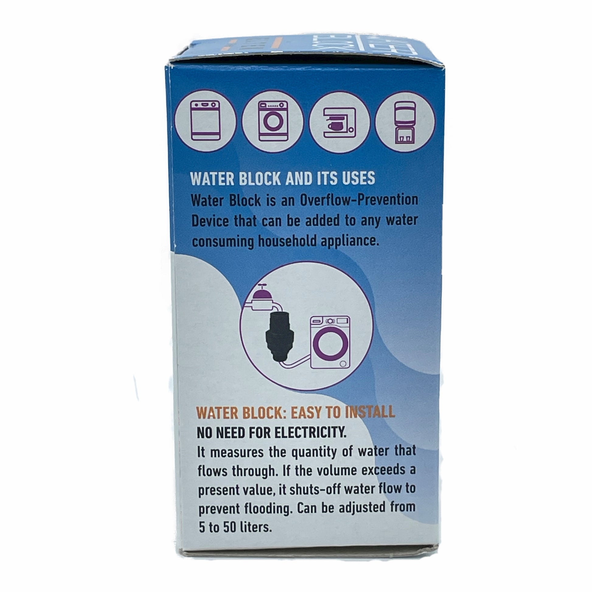 Picture of the Water Block packaging with a brief description. The water block measures the quantity of water that flows through. If the volume exceeds a present value, it shuts-off water flow to prevent flooding. It can be adjusted from 1.3 to 13 gallons.