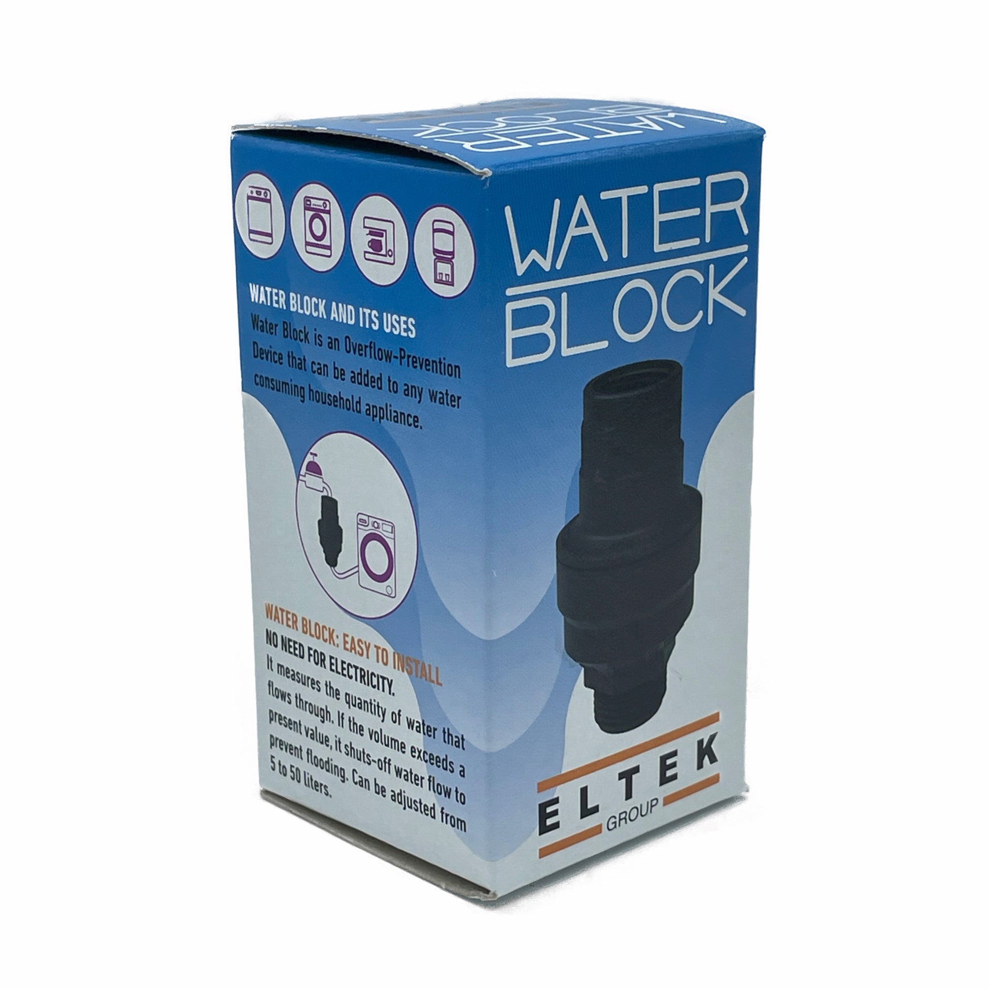 Picture of the Water Block product box. Water Block is an overflow prevention device that can be added to any water consuming household or commercial appliance. Easy to install and does not need electricity or batteries to work.