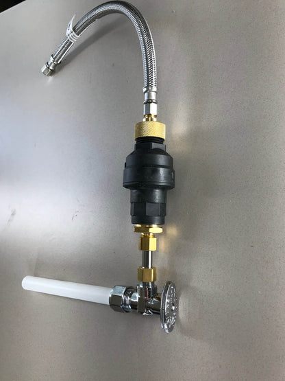 Water Block 3/8" shutoff kit configuration connected to a 3/8" stainless steel hose and a 3/8" supply valve.