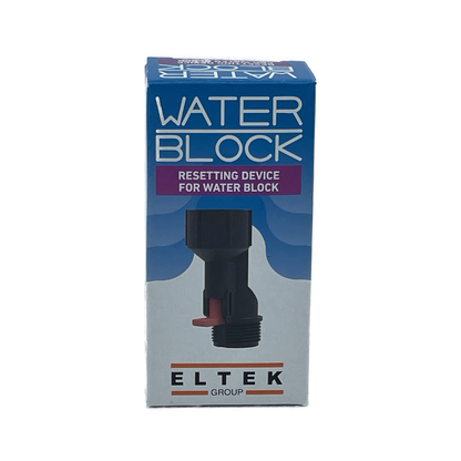 The Water Block water shutoff valve Resetting Device. Image of the product packaging and the manufacturer name which is ELTEK Group. Effortless flow control! Simply push the lever to reset your shutoff valve and get back water flow to the application.