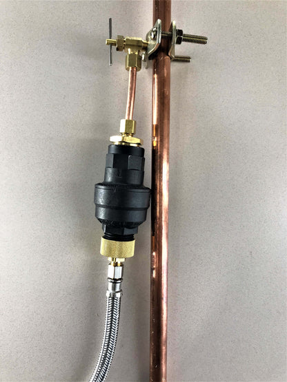 Water Block leak prevention and shutoff configuration for a refrigerator water line. Will shutoff the water is a valve gets stuck in the ice machine or if a connection goes bad.