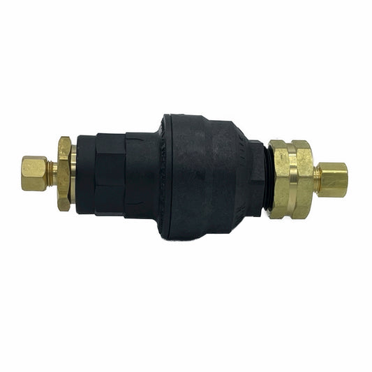 Water Block with 1/4" brass fittings to connect to .25 inch water supply lines. Perfect for beverage machines and appliances that use 1/4" supply lines. The Water Block will shutoff water leaks caused by loose connections or stuck valves. 