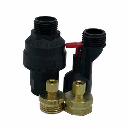 The Water Block is an automatic mechanical device that protects your home from water damage caused by leaks and floods. It adapts directly to 1/4" connections and 1/4" water supply lines. The Water Block Reset Device is used to reset the Water Block after it has been triggered, without the need to disassemble the water supply line. The 1/4" water supply line fittings are used to connect the Water Block to your water supply line.